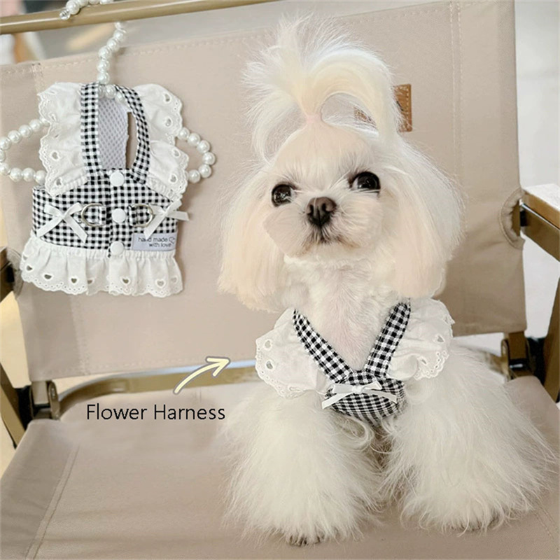 Pet Dog Clothes Lace Skirt Pastoral Style Black Plaid Harness Puppy Dresses Universal Harness Tractionable Retro Princess Dress