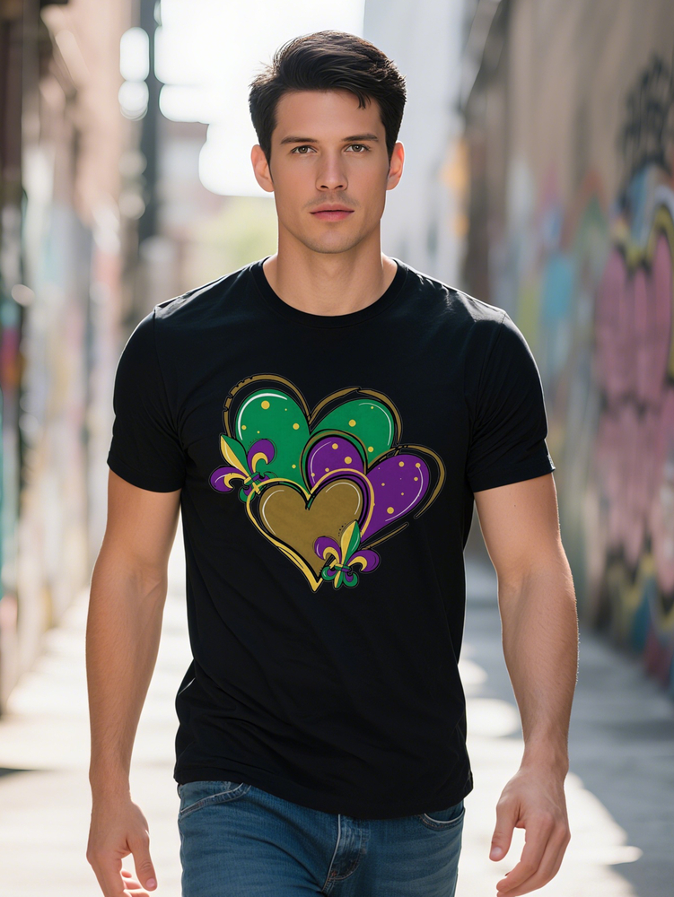 Men s Casual Crew Neck T Shirt Knit Fabric Regular Fit with Mardi Gras Heart Print for Summer Tee