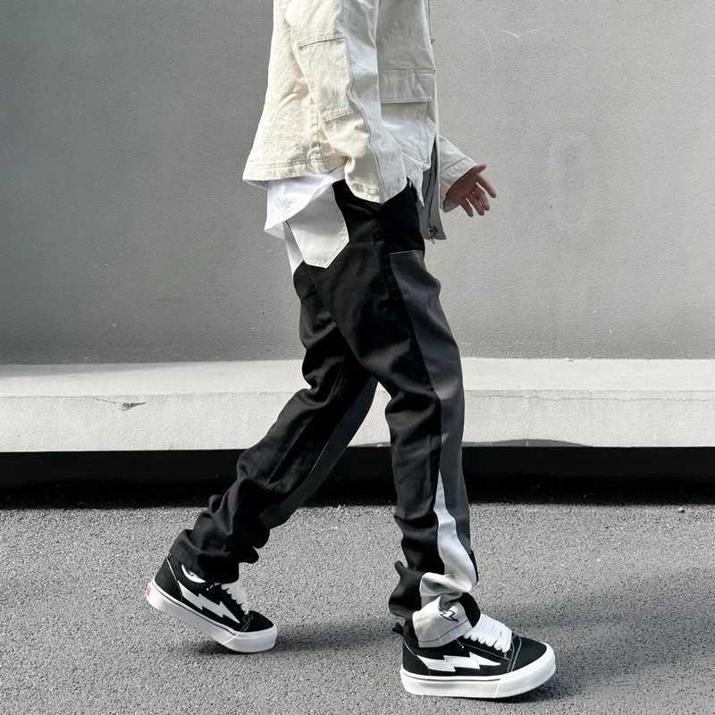 American Fashion Embroidery Black Gray Color Block Jeans Casual Black Pants Jeans Streetwear Y2k Mens Stacked Denim Logging Pants X250812