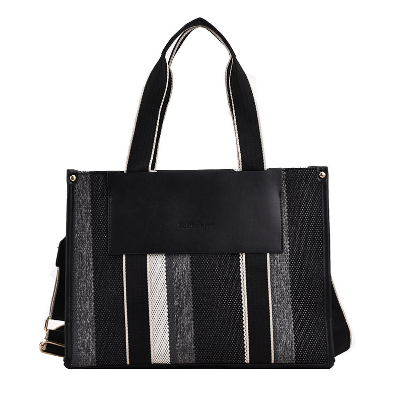 Canvas Summer New Color-Block Striped Shoulder Casual Commuter Large Capacity Crossbody Tote Bag