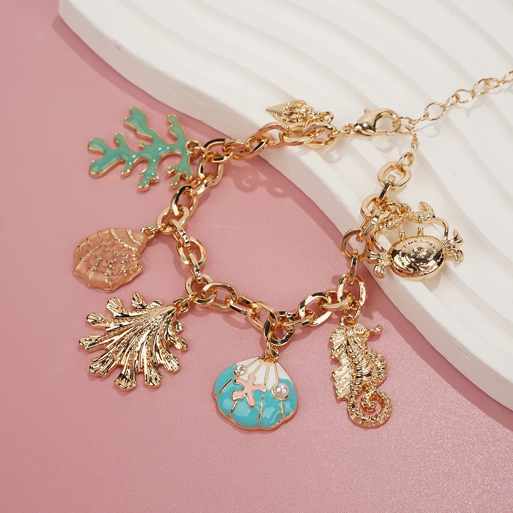 Fashion Colorful Starfish Shell Conch Bracelets For Women Gold-color Chain Bangle Ocean Wristband Summer Beach Jewelry 250807
