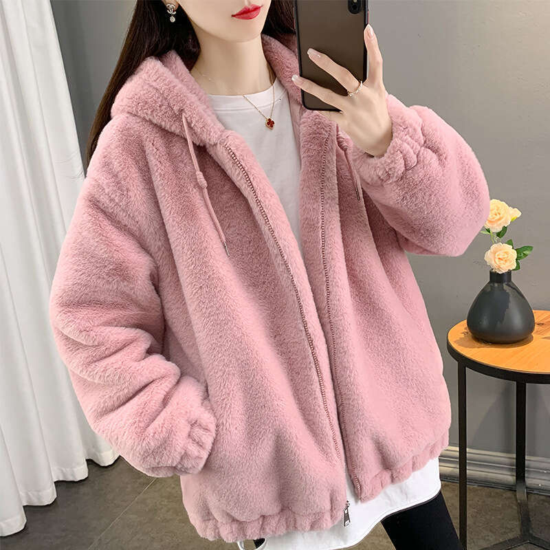 Imitation Lazy Rabbit Fur Fur Women's Medium to Long Loose Thick Lamb Fur Coat Hooded Fur Plush Coat