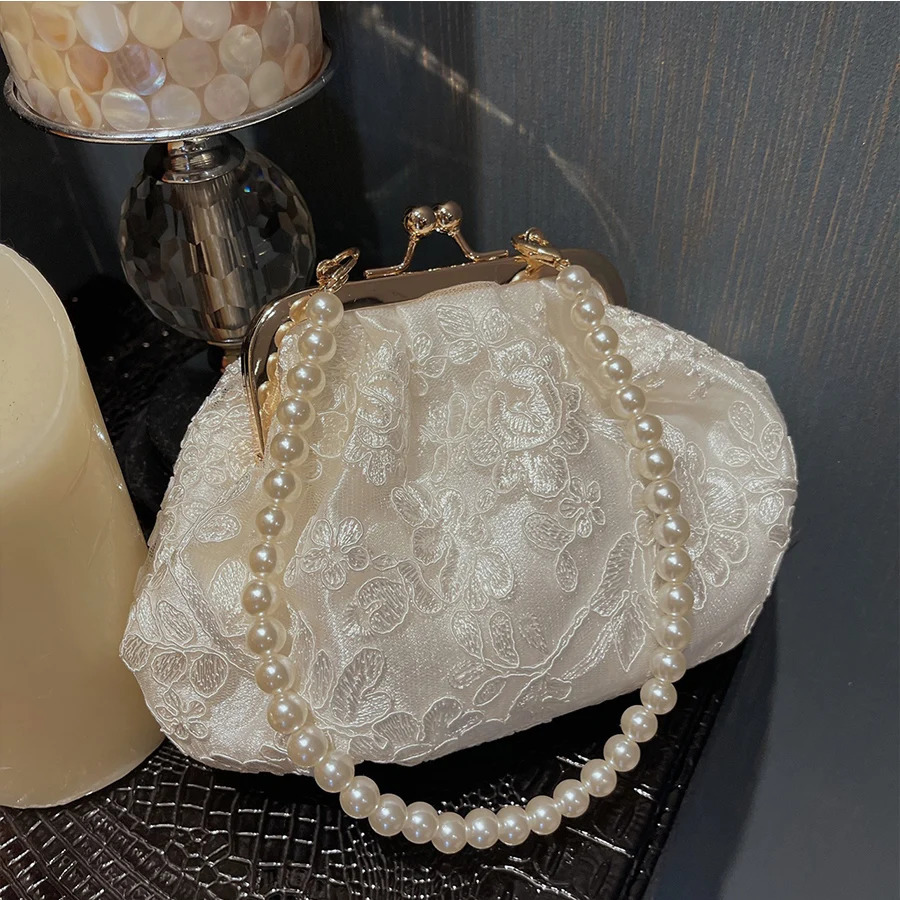 Embroidered Evening Handbags Pearl Chain Shoulder Bag All-Match Clip Dinner Party Clutch Purse Women Messenger Bags White 250809