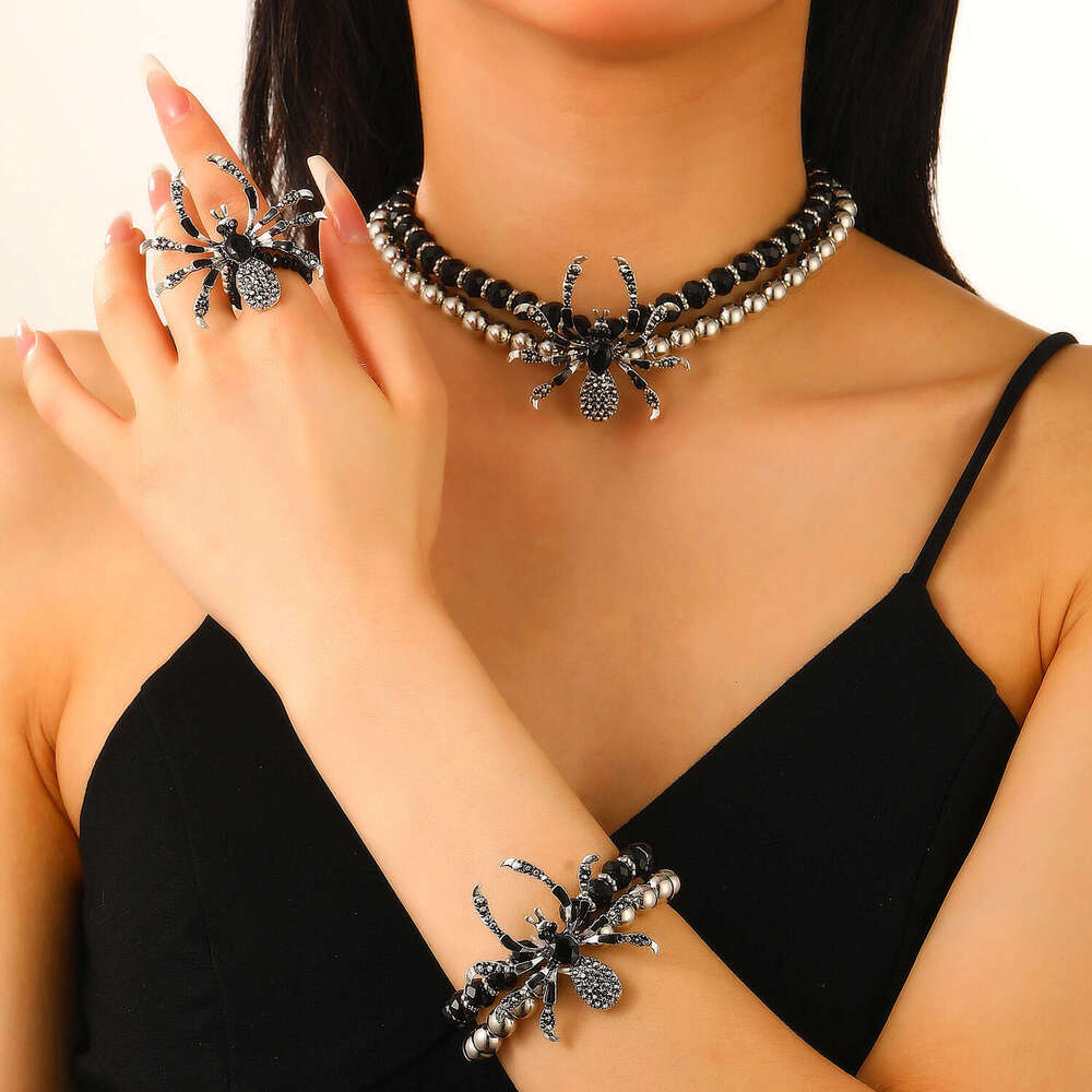 Gothic Dark Punk Exaggerated Halloween Rhinestone Spider Necklace Bracelet Ring Set for Women and Men