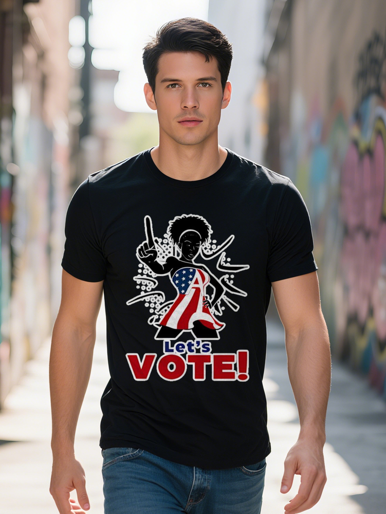 Men Patriotic Let S Vote Graphic T Shirt Black Crew Neck Tee with American Flag Election Themed Design Perfect