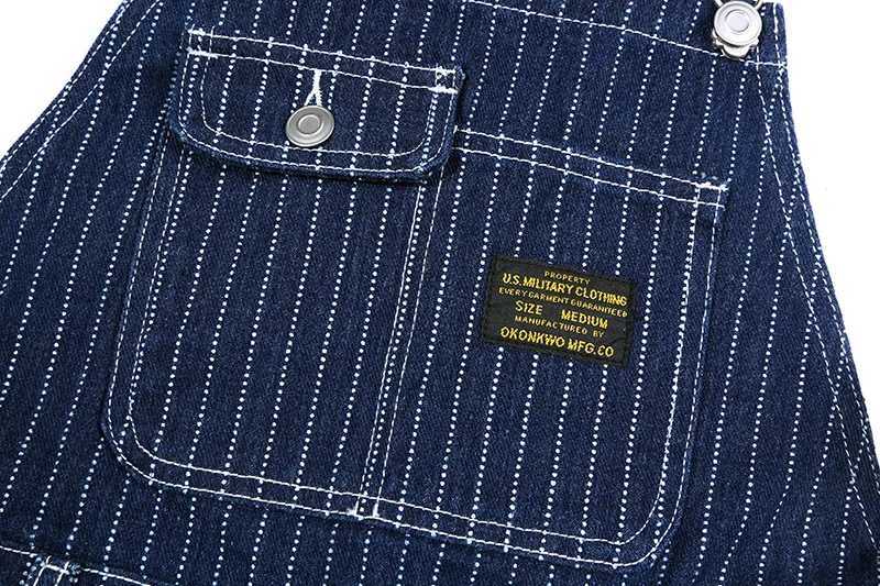 American Vintage Casual Indigo Raw Denim Overalls Mens Retro Striped Jeans Jumpsuit Long Denim Bib Pants OKONKWO X250812