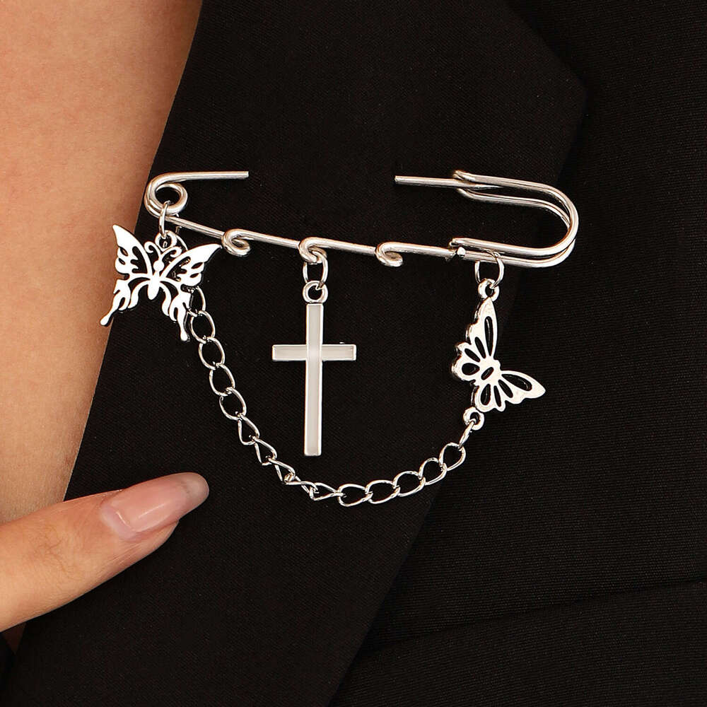 New Chain Brooch Unisex Minimalist Style Butterfly Heart Cross Punk Hip Hop Suit Button Pin