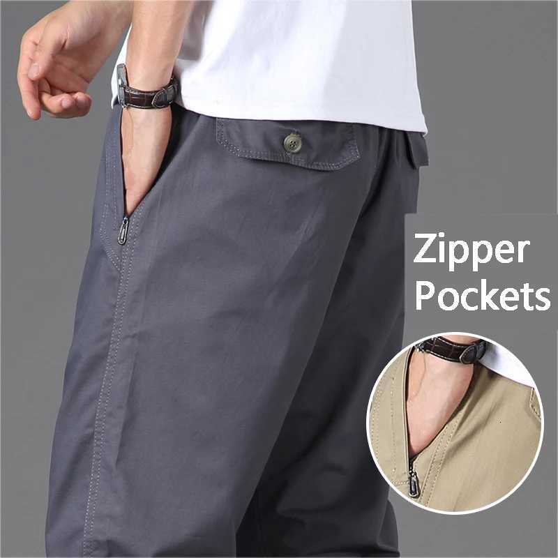 2023 Summer Autumn Mens Casual Pants with Zipper Pockets Cotton High Quality Stretchable Waist Sports Work Utility Trousers W250812