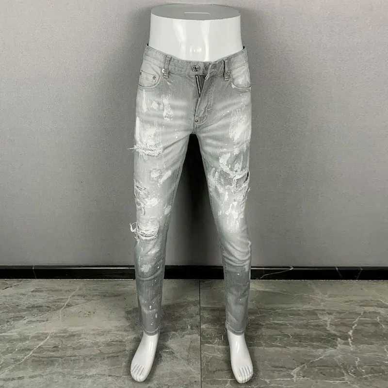 High Street Fashion Men Jeans Retro Gray Stretch Slim Fit Ripped Jeans Men Painted Designer Hip Hop Brand Denim Pants Hombre X250812