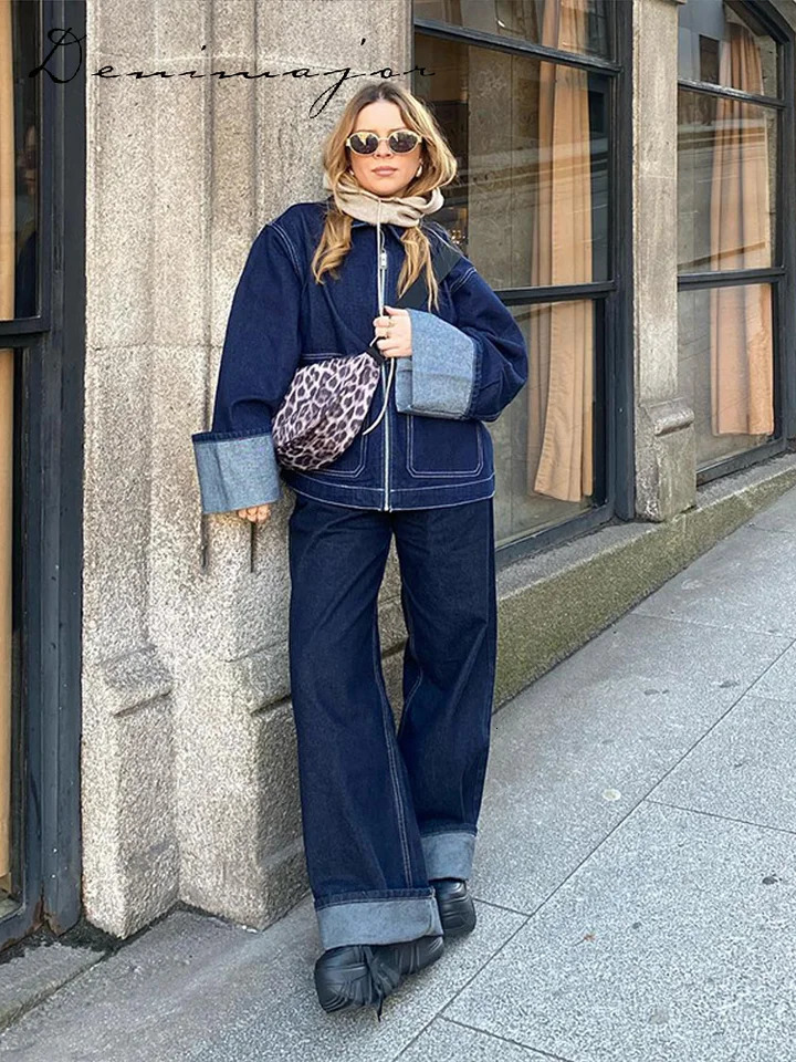 Patchwork Denim Jackets Pants Sets Women Baggy Lapel Zipper Pocket Top Straight Leg Pants Spring Casual Street Female Suits 250806