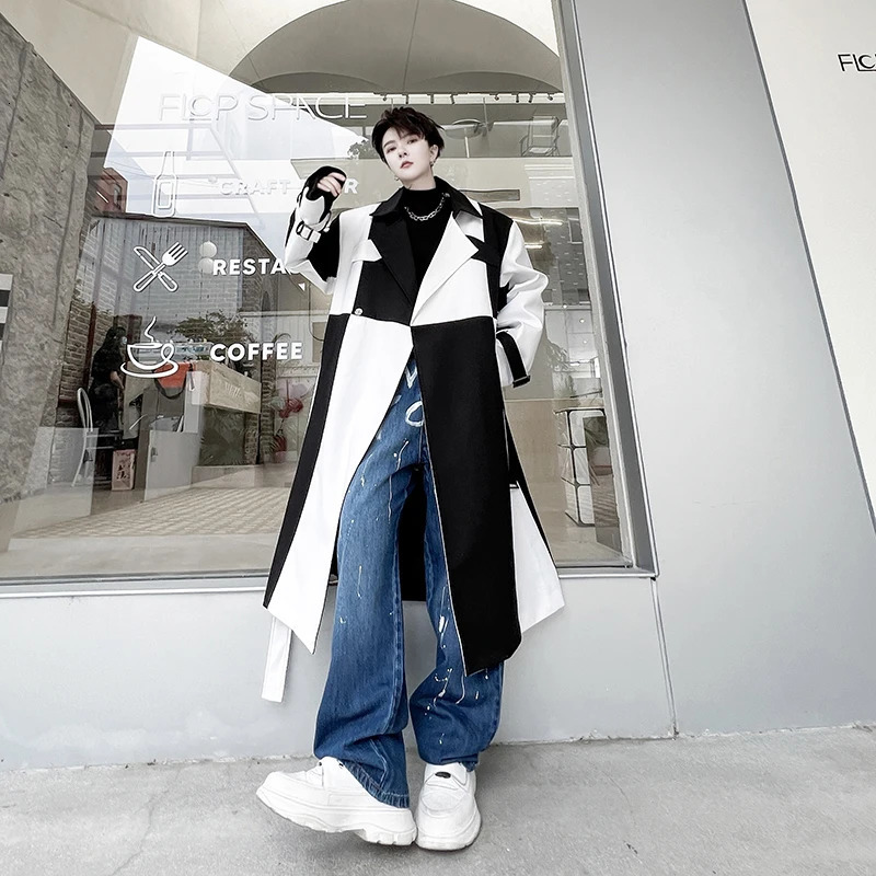 Mens Net Celebrity Streetwear Fashion Black White Splice Loose Casual Long Jacket Windbreaker Trench Coat Male Stage Clothing 250805