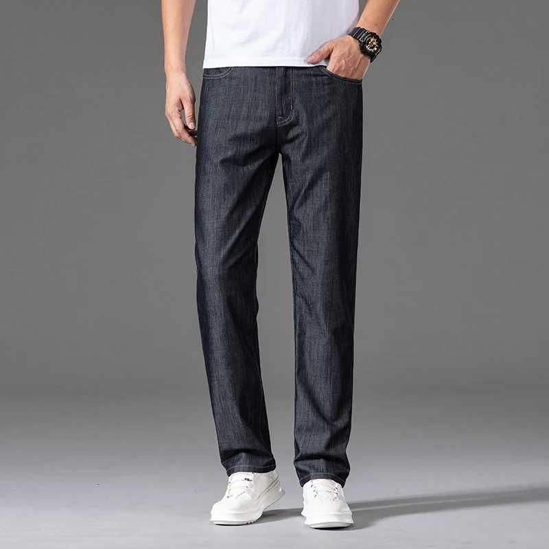2024 Men Business Casual Light Blue Stretch Cotton Spring Summer Untr Thin Jeans Top Classic Style Denim Mens Trousers X250812