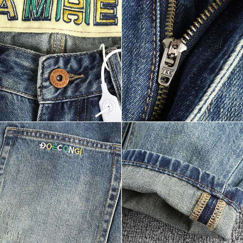 40 Size 14oz Embroidery High Street Washed Cat Whiskers Denim Jeans for Men Loose Fit Tapered Straight Versatile Pants Cityboys X250812