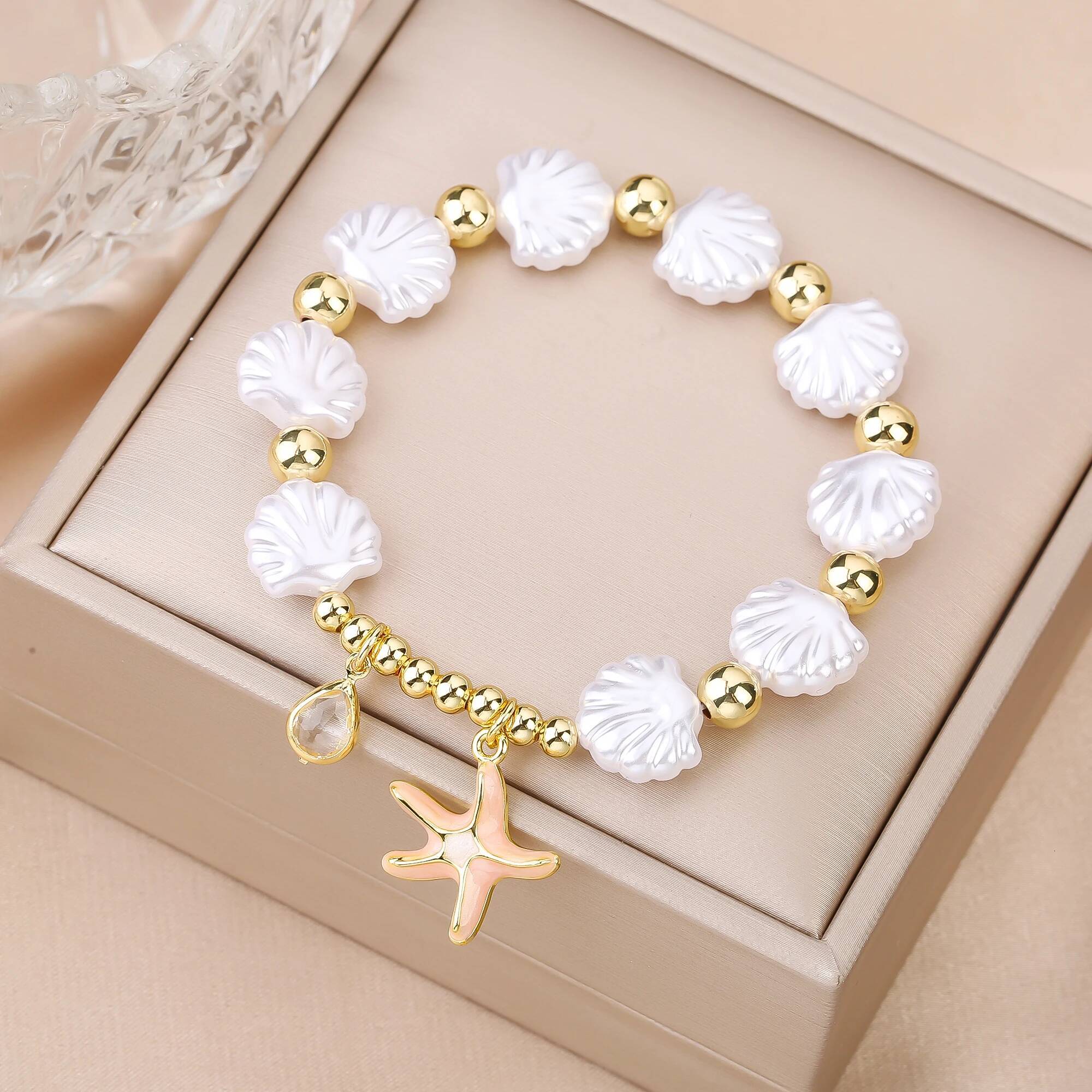 4 Color Metal Enamel Art Starfish White Shell Chain Gold Plated Bracelet for Woman Female Daily Party Jewelry