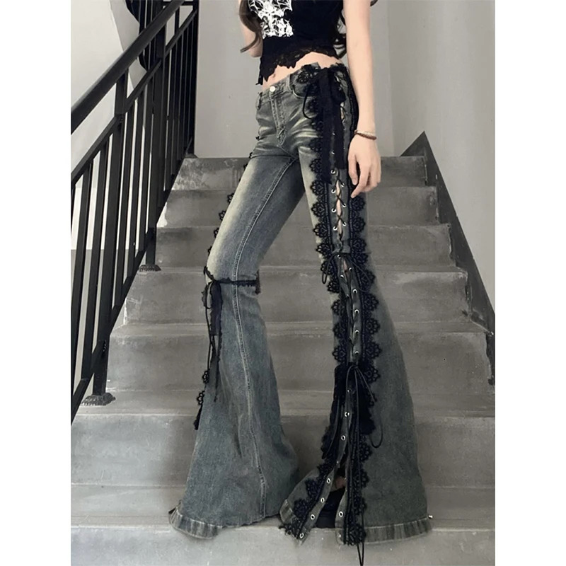 MEXZT Y2K Flare Jean Harajuku Vintage Lace Bandage Denim Pants Gyaru Streetwear Grunge Low Waist Slit n Trousers 250809