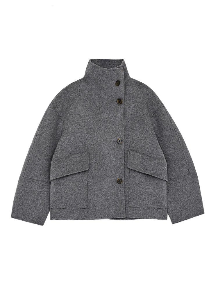 Casual Solid Women Woolen Coats Chic Short Long Sleeve Stand Collar Female Coat Autumn Winter Urban Lady Street Jacket 250809