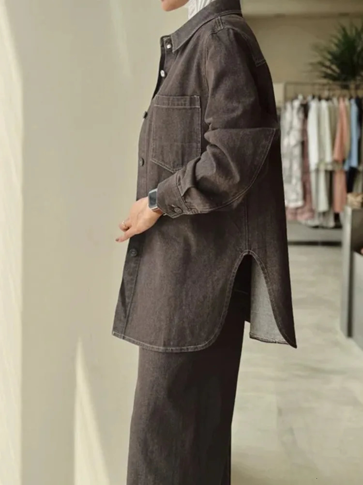 KWTX Brown Long Sleeve Denim Jacket Pants 2 Piece Set Women 2025 Spring Summer Oversized Casual Streetwear Outfit 250808