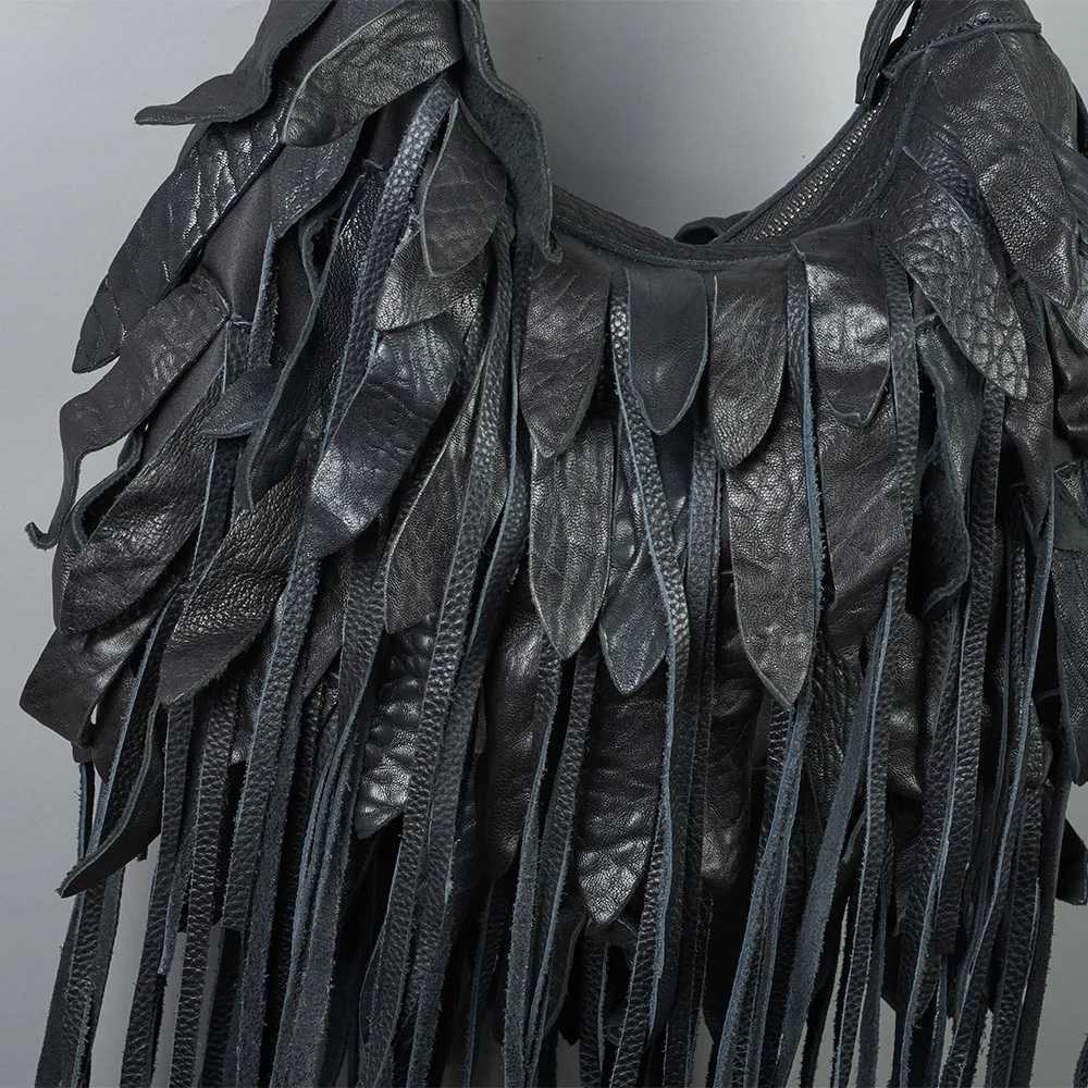 Genuine Leather Womens Bag with Black Stripes and Large Tassels Unique Soft and Stylish Single-Shoulder Womens Bag Z250812