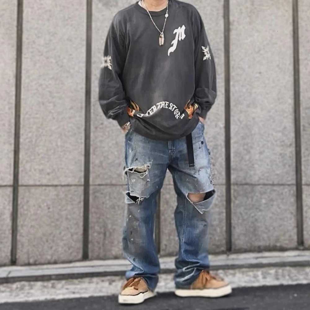 High Street Hole Distressed Splashed Ink Baggy Jeans for Men Straight Ripped Casual Loose Denim Trousers Oversized Unisex Cargos X250812