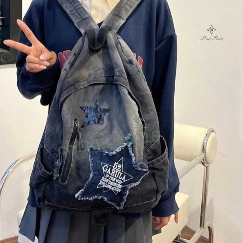 Y2K Korean Casual Denim Backpack Fashion Star Pattern Large Capacity Student Schoolbag Teenagers Vintage Punk Travel Book Bag Y250811