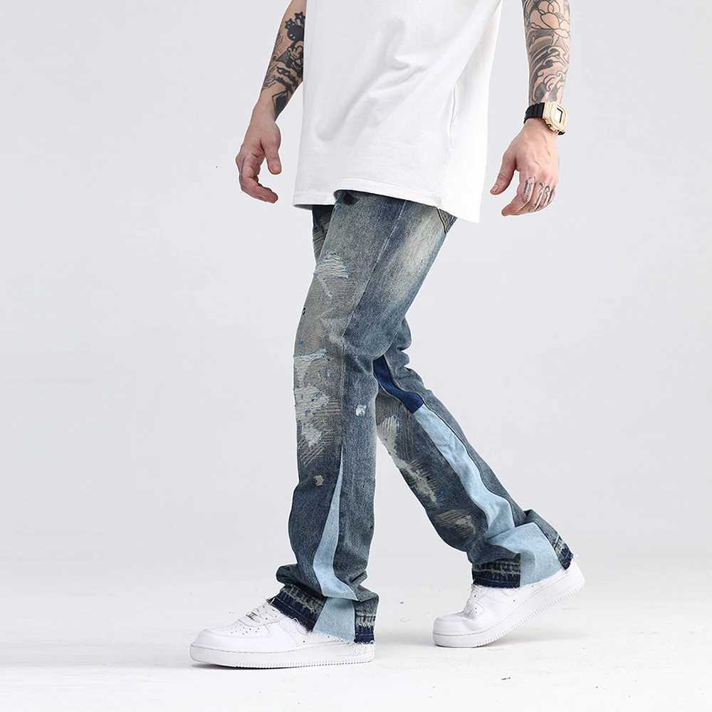 Blue Speckle Ink Washed Flared Jeans Men Slim Hip Hop Graffiti Ripped Denim Jeans Men Streetwear Vintage Wide Leg Jeans Pants Y2k X250812