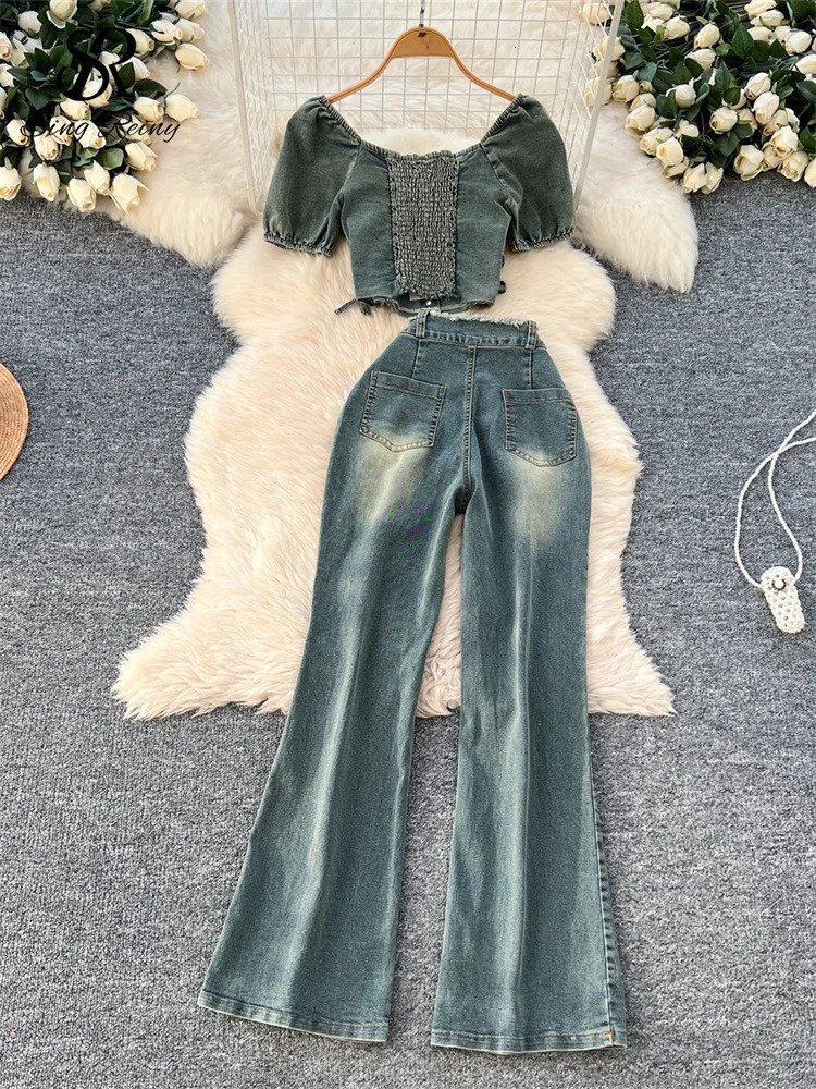 SINGREINY American Retro Denim Sets Women Puff Sleeves Buttons Mini TopsHigh Waist Slim Long Pants Summer Two Pieces Suits 250806