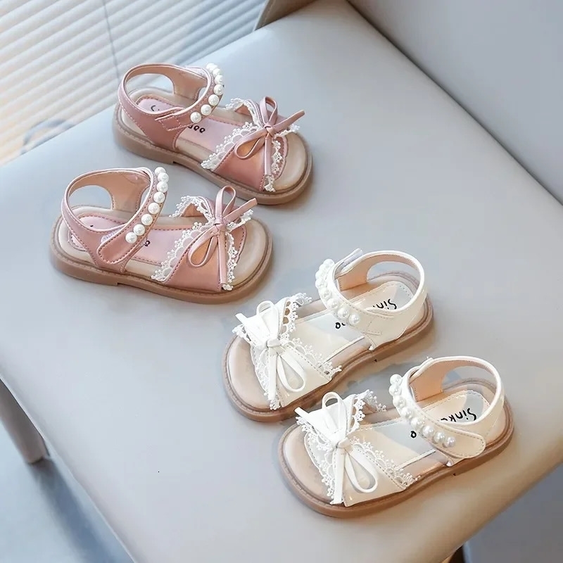 Toddler Kids Beach Shoes for Girls Princess Bowknot with Lace Children Pearl Beading Summer Sandals Elegant Sweet w250725