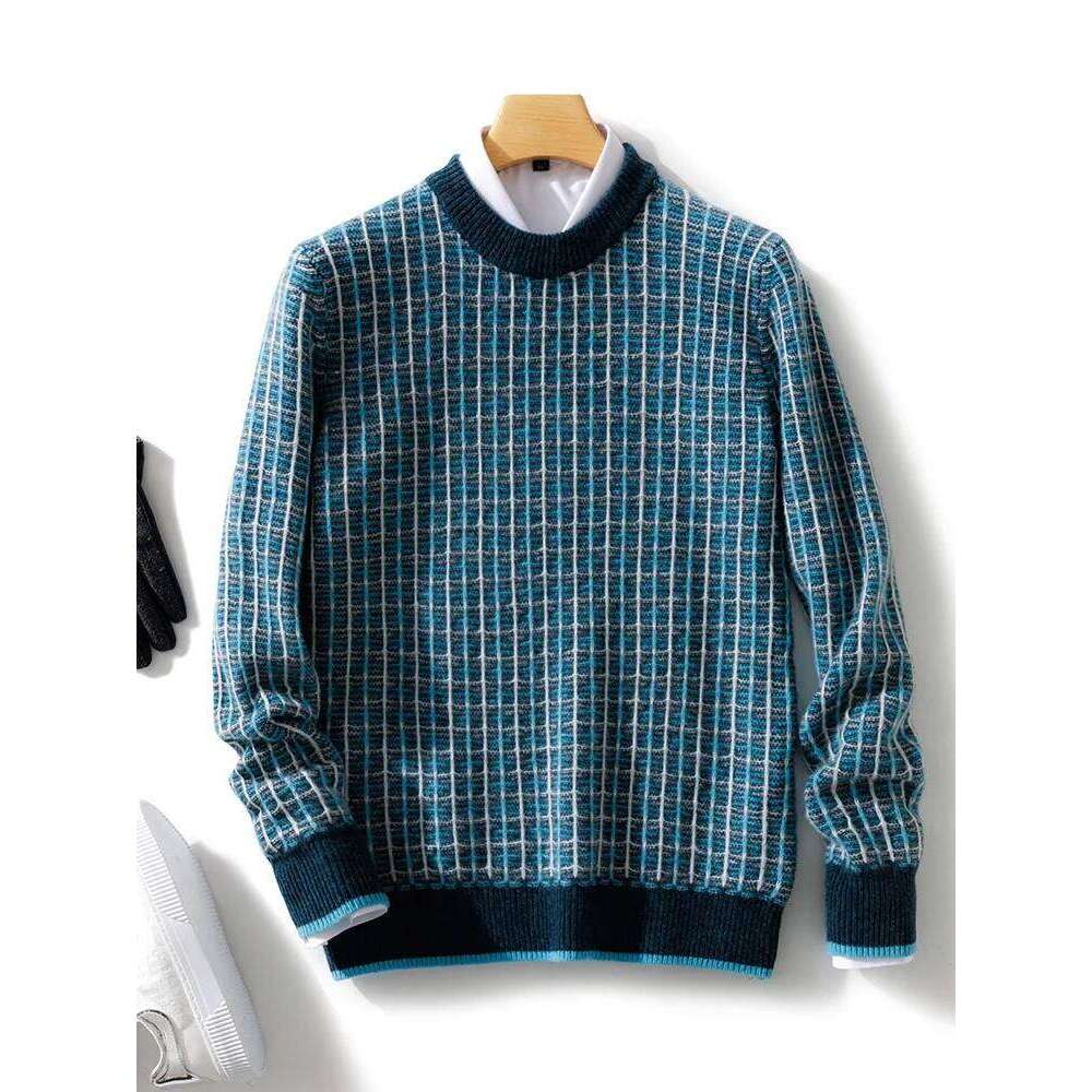 Men Pullover O-Neck Sweater Cashmere Autumn Winter Checkered Jacquard 100% Merino Wool Knitwear Long Sleeve Clothing Tops 250812