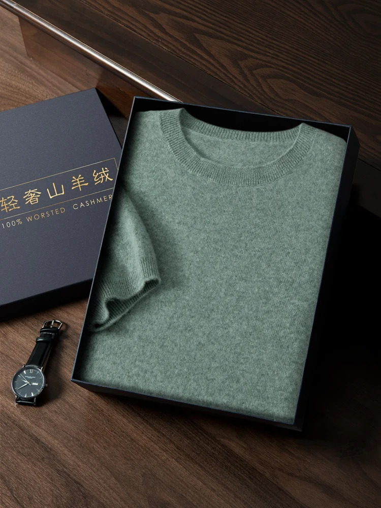 Mens O-Neck Cashmere Sweater 100% Cashmere Half Sleeve Basic Pullover Soft Comfy Bottom Knitwear Solid High Quality Tops 250806