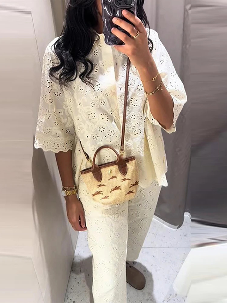 Solid White Hollow Floral Embroidery Long Pants Sets Women Turn Down Collar Shirts High Waist Trousers 2 Piece Lady Party Outfit 250811