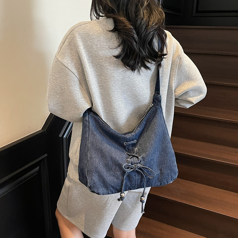 Hot Girl Tie Rope Bowknot Denim Handheld Underarm Single Shoulder Crescent Bag High-end Versatile