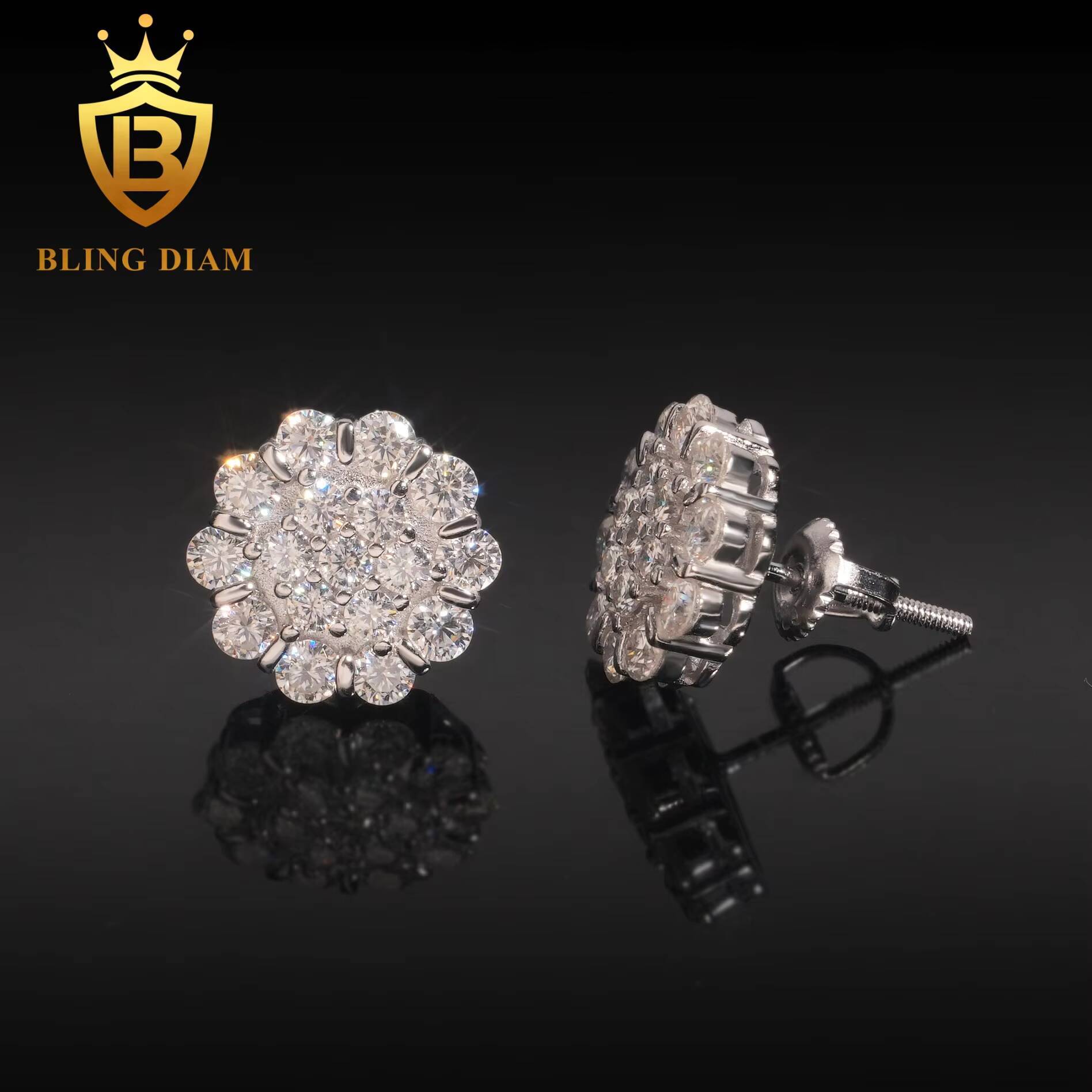 New Fashion Fine Jewelry Iced Out Flower Cluster Earrings 925 Sterling Silver VVS Moissanite Stud Earrings