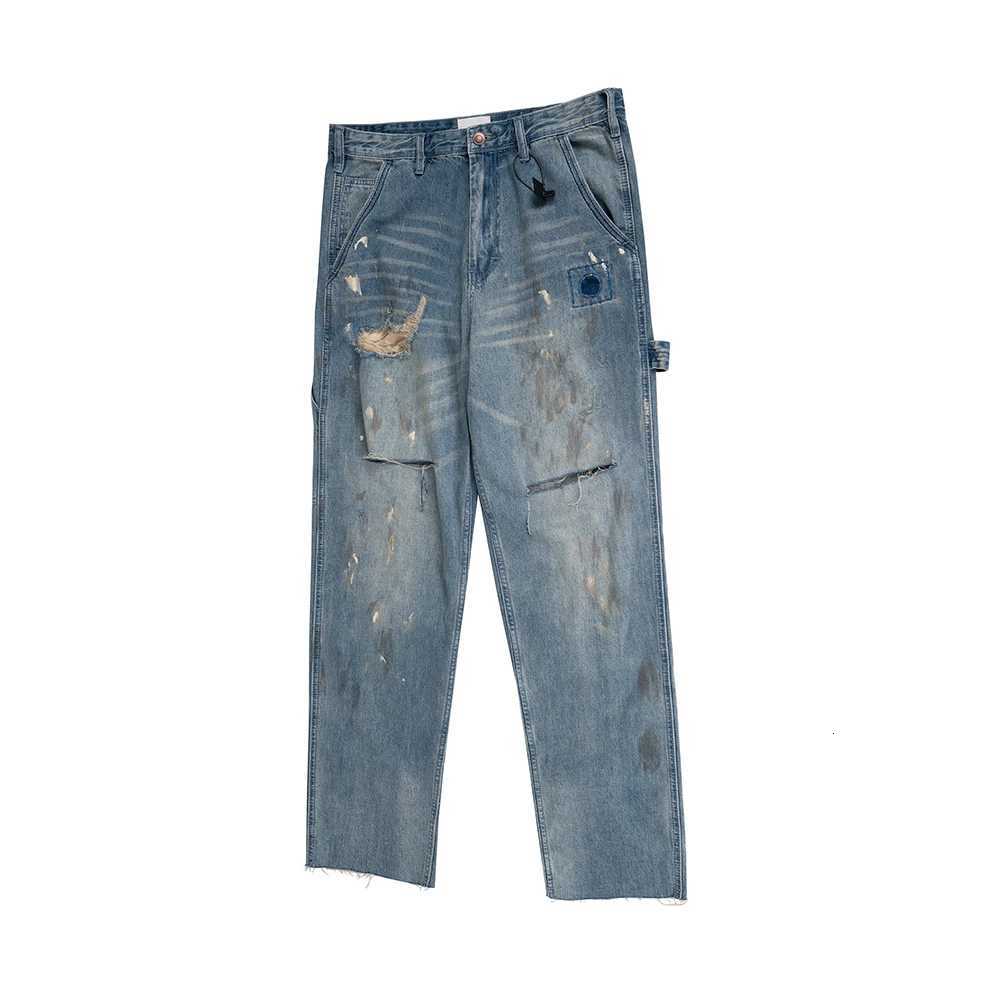 High Street Hole Distressed Splashed Ink Baggy Jeans for Men Straight Ripped Casual Loose Denim Trousers Oversized Unisex Cargos X250812