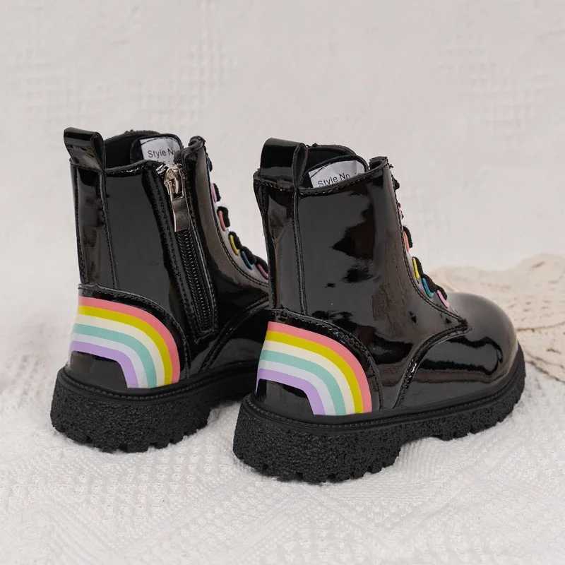 Kids Fashion Boots for Boys Girls 2024 Autumn Winter New Rainbow Color Rubber Boots Zipper Children Ankle Boots Black Glossy Hot XJ250812