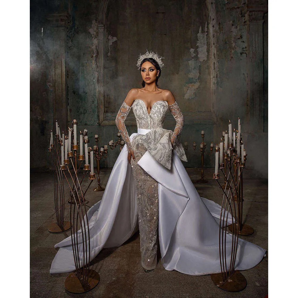 Luxury White Mermaid Wedding Dresses Sweetheart Sequins Beading Detachable Train Princess Bride Dress Vestido de Novia Custom Made