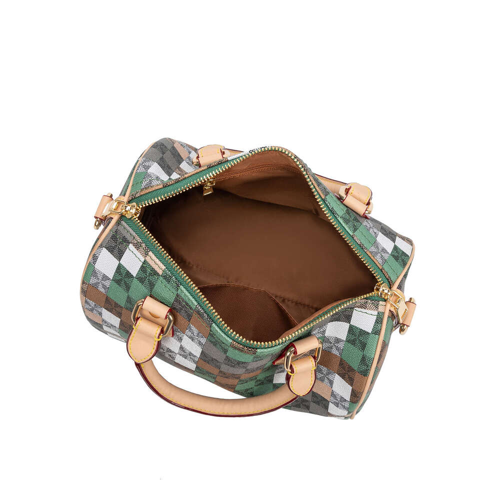 Lacel Urwebin Women's Vintage Checkered Plaid Boston Bag, Green Brown White Gray Pattern, Top Handle & Adjustable Crossbody Strap, PU Leather Mat