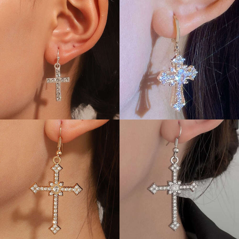 Gothic Dark Dia-Studded Ins Style Personality Temperament Cross Earrings for Women