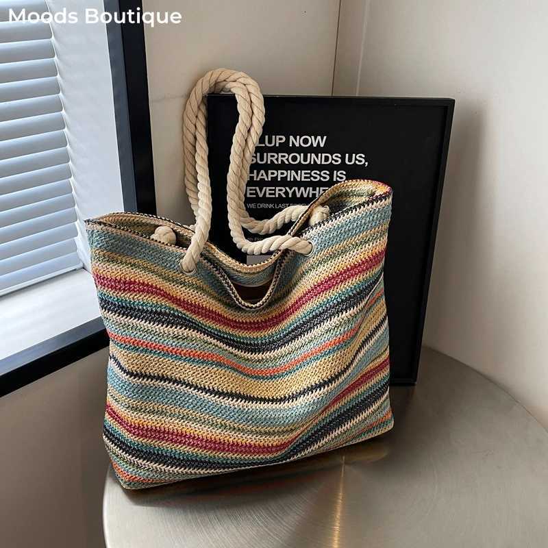 Straw Fabric Woven Design Women Tote Bags Rainbow Color Large Capacity Summer Beach Shoulder Shopper Bag Casual Commute Handbags Z250812