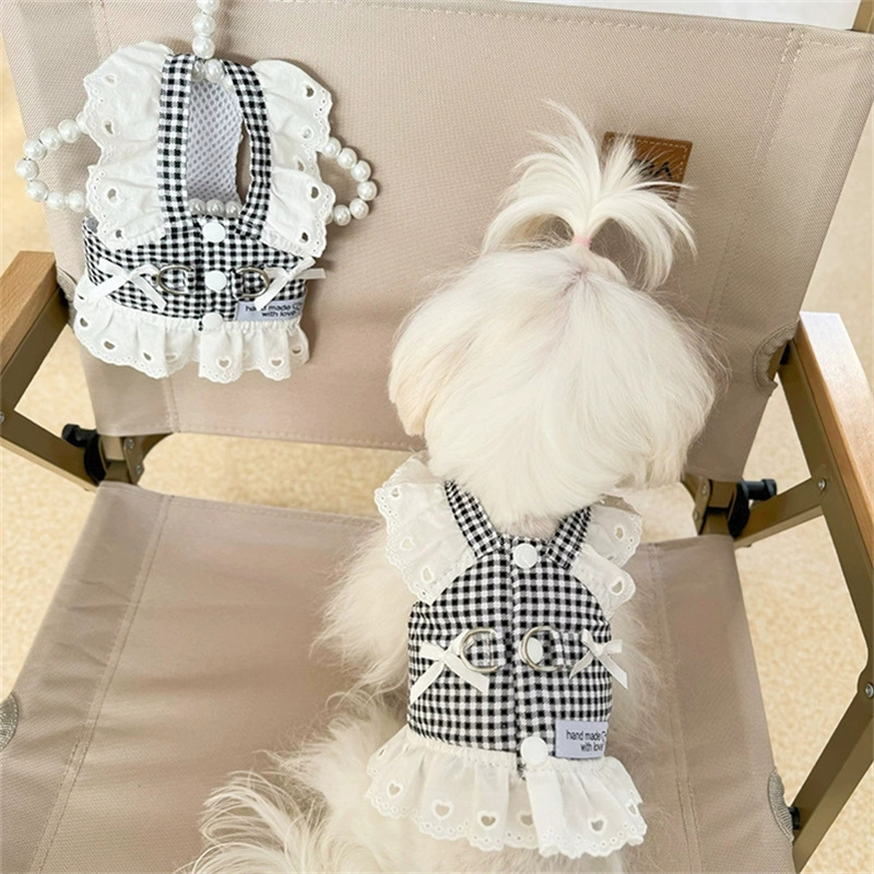 Pet Dog Clothes Lace Skirt Pastoral Style Black Plaid Harness Puppy Dresses Universal Harness Tractionable Retro Princess Dress