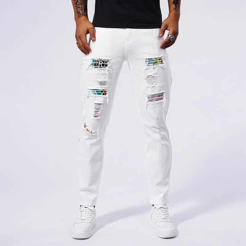 White ripped jeans for men 2024 new summer slim fit jeans for men straight leg casual pants for men stretch denim ripped pants X250812
