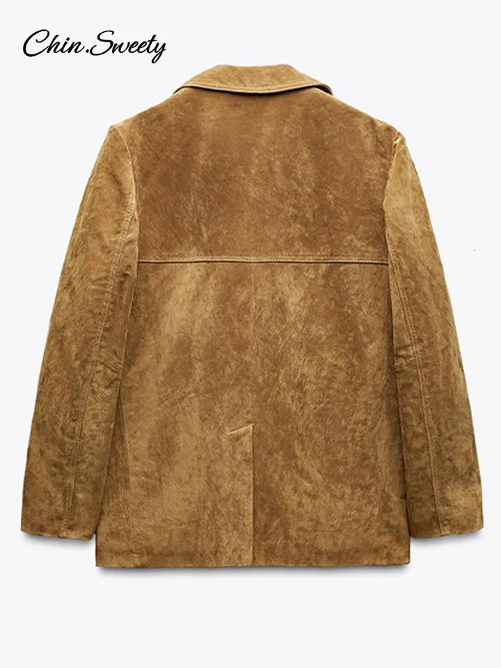 Fashion Womens Khaki Suede Jacket Notched Collar Single Breasted Full Sleeve Blazer Coat 2025 Spring Fall Lady Loose Streetwear 250811