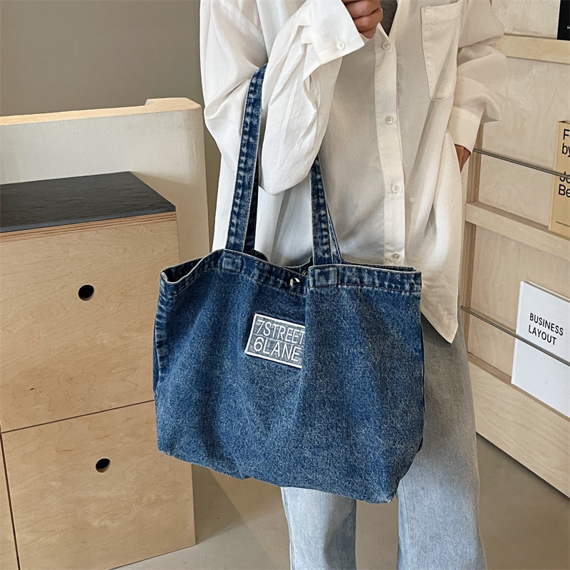 Korean Version Dongdaemun Large Capacity Tote Denim New High-end Embroidered Letter Shoulder Bag Trendy