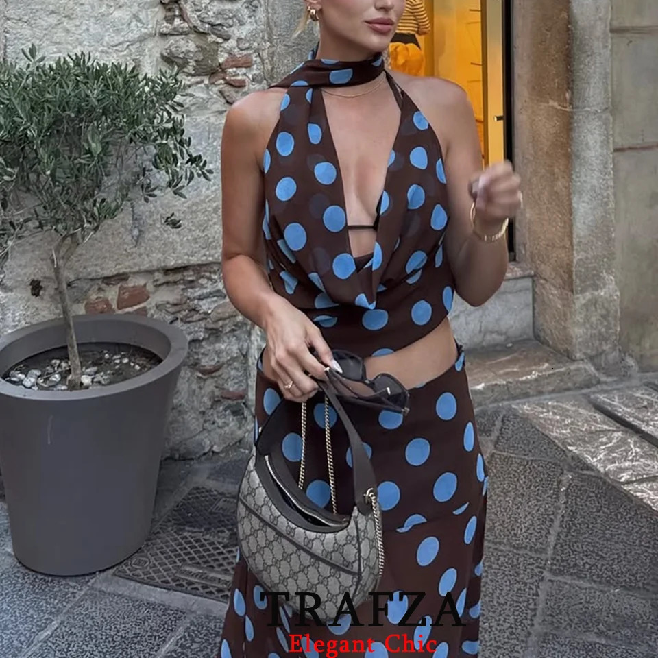 TRAFZA Women Sexy Polka Dot Set V-neck Halter Top Asymmetrical Skirt Spring Summer Fashion Holiday Party Mujer Suit 250811