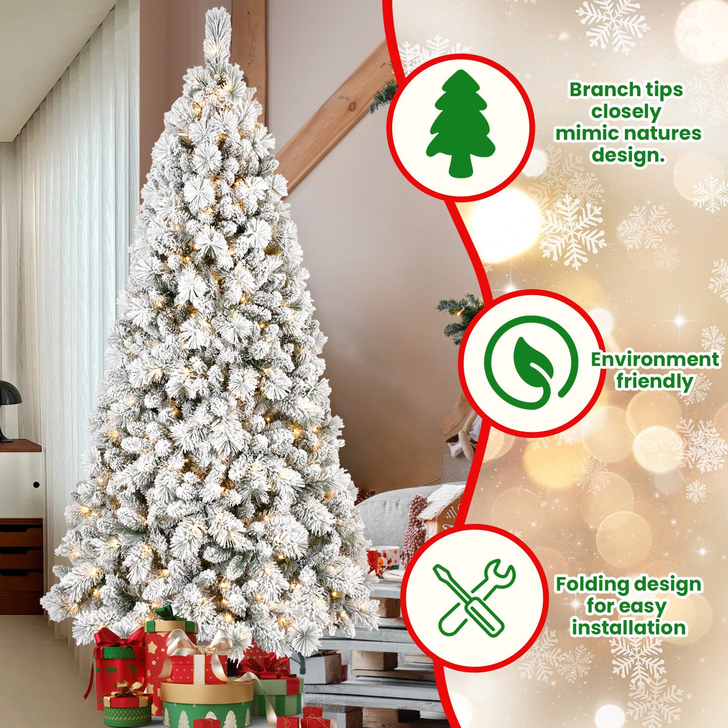 PVC/Hard Needle Mixed Flocked Christmas Tree 4 feet -9 feet available, pre-installed with warm white led lights, Christmas decorations for family shop