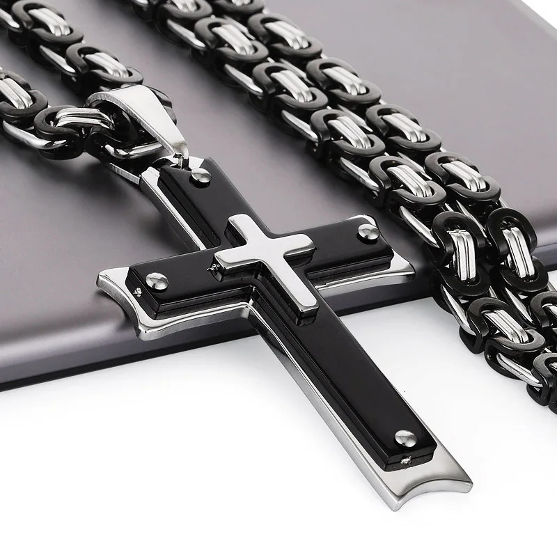 Cool Mens Black silvery Cross Pendant Long Byzantine Chain Necklace Christian Crucifix Necklace Religious Jewelry 250805