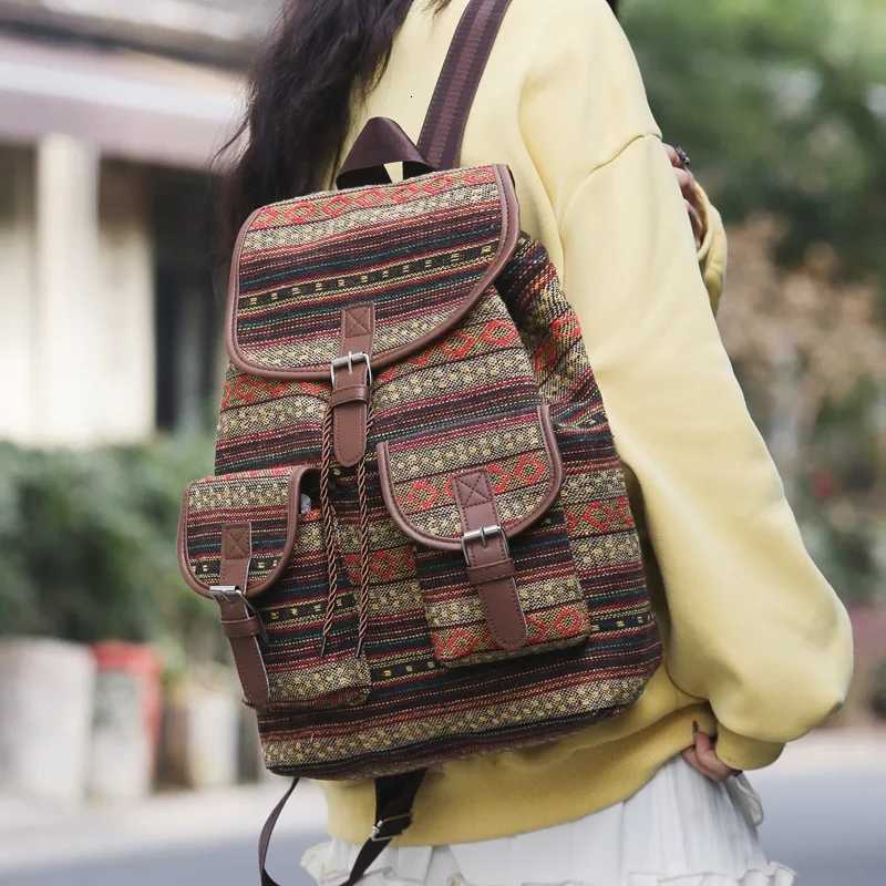 2024 New Female Ethnic Style Backpack Casual Plaid Drawstring Women Large Capacity School Bag Drawstring Bucket Bag Y250811