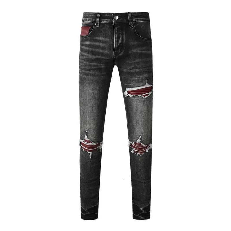 Fashionable new mens jeans with pleats washed water nostalgic perforations red patches mens black and gray jeans high stretch X250812