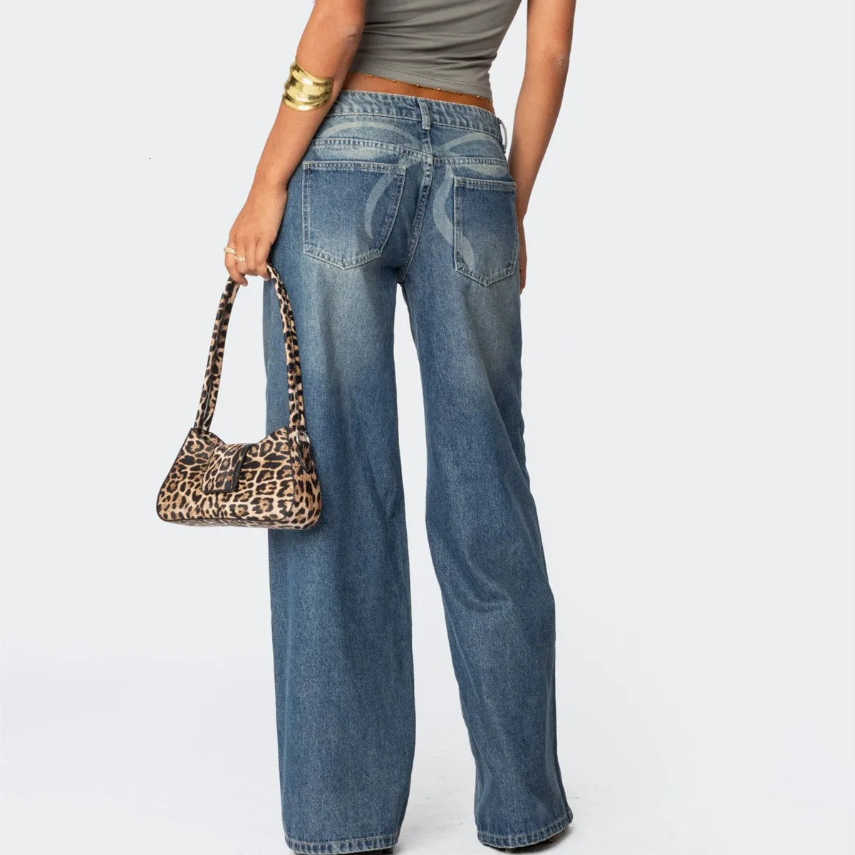Fashion Women Wide Leg Denim Pants Casual Vintage Bow Print Loose Jeans Trousers for Work Office Y2K Vintage Streetwear 250811
