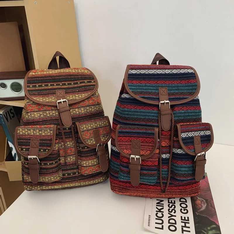 2024 New Female Ethnic Style Backpack Casual Plaid Drawstring Women Large Capacity School Bag Drawstring Bucket Bag Y250811