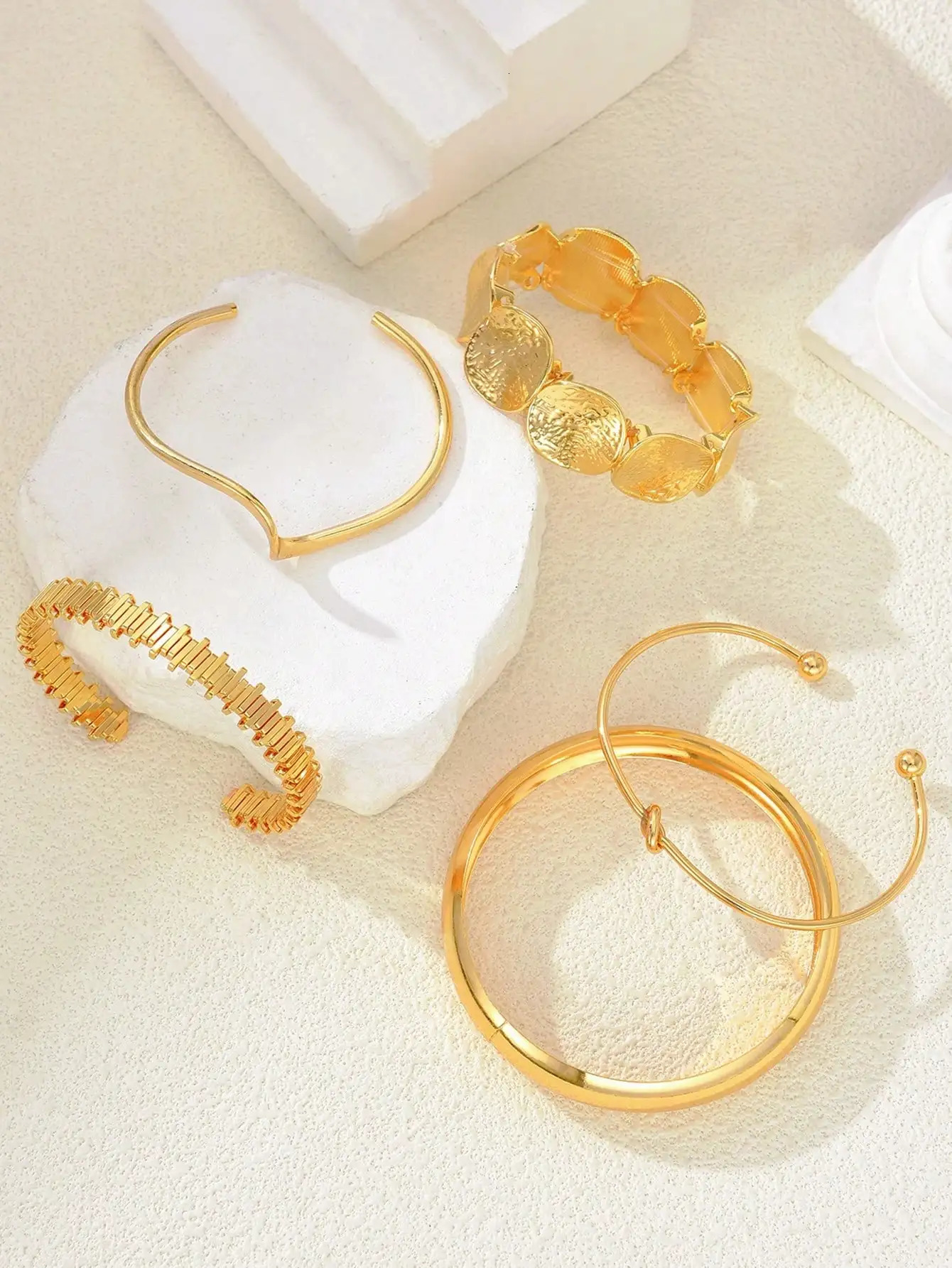 5 Pieces of Retro Exaggerated and Gorgeous Womens Bracelet Set with Geometric Wide Metal Golden Yellow Bracelet Set Suitable for Daily Vacation Party 